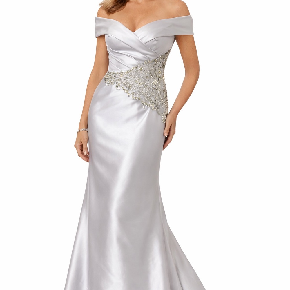 NWT Morilee Madeline Gardner Silver Satin Beaded Off the Shoulder Formal Gown 14